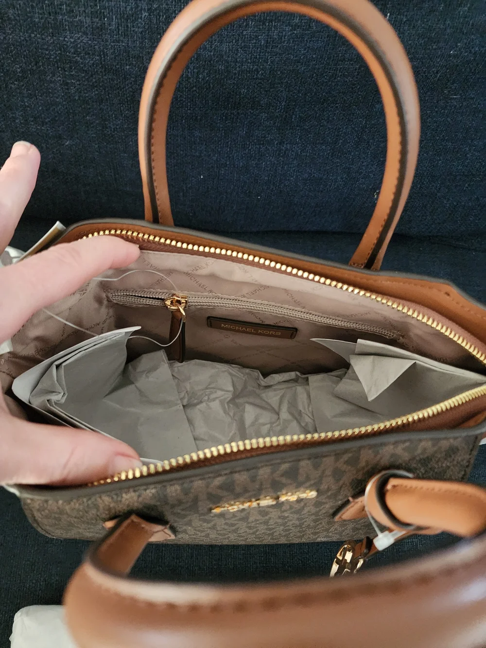 Michael Kors Brown & Tan MK Logo Satchel with Gold Charm